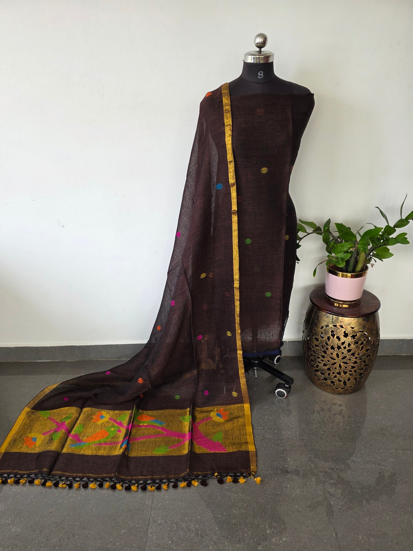 Premium handloom linen Paithani jamdhani set - JMM322