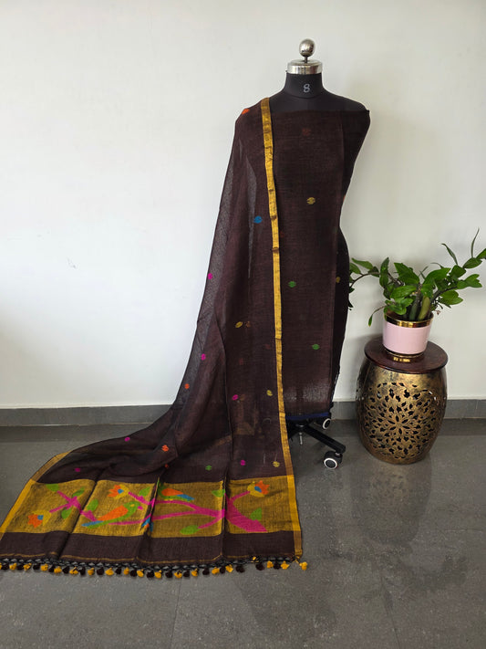 Premium handloom linen Paithani jamdhani set - JMM322