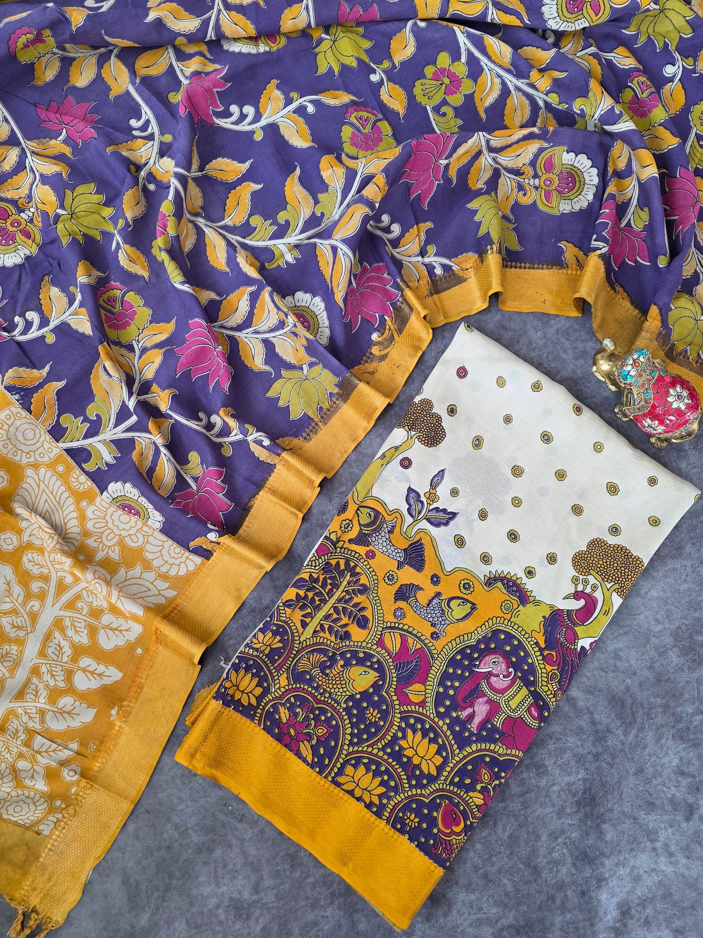 Kalamkari katha- Chennuri pure kalamkari silk set - AK387