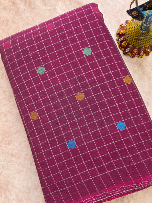 Pure handloom checked cotton running material ( 2.50 mtrs ) - wine