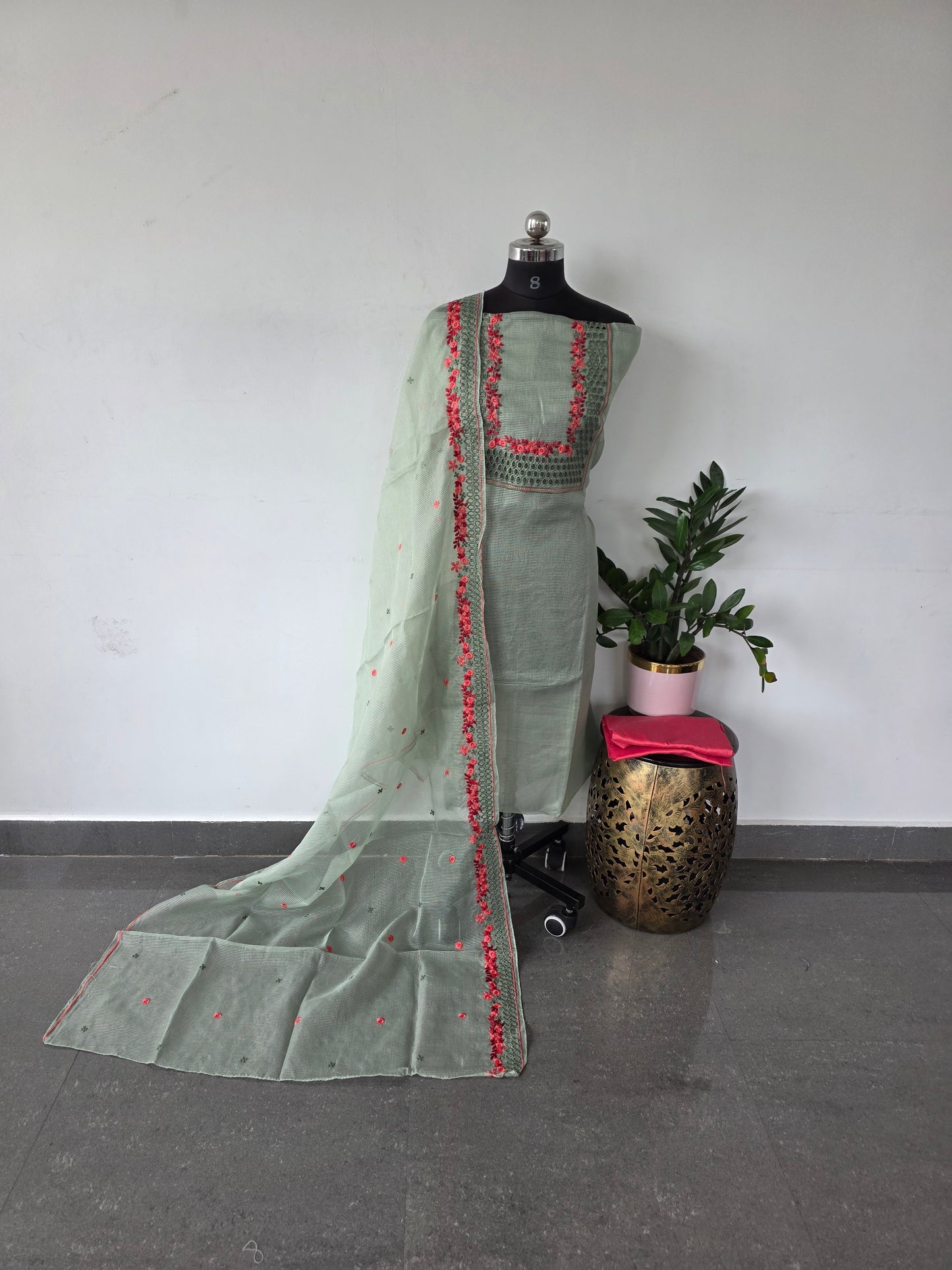 Fancy organza checks set with embroidery and cut work - CLA263
