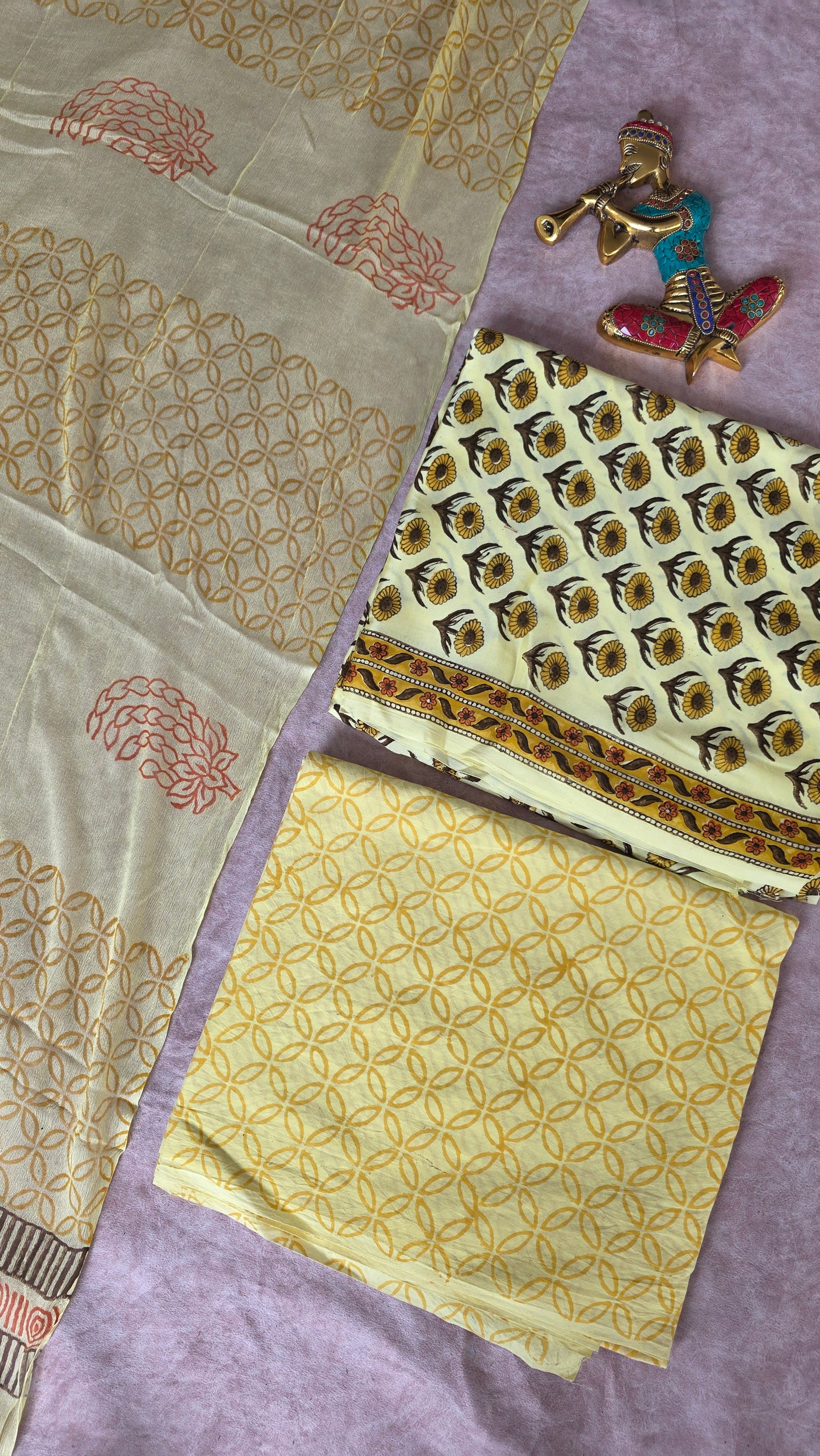 Handblock Jaipuri soft modal silk set with chiffon shawl- JA771