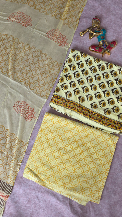Handblock Jaipuri soft modal silk set with chiffon shawl - JA771
