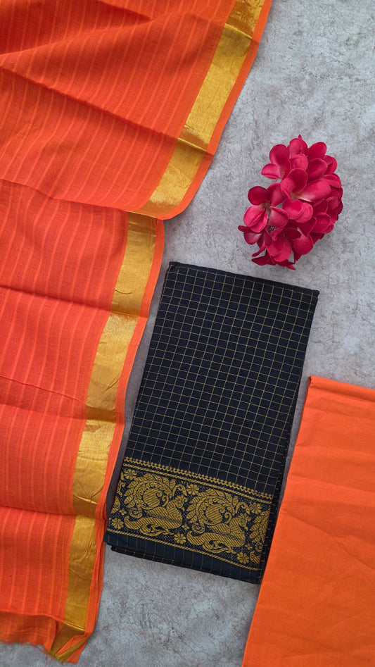 Madurai sungudi zari kattam salwar set (black)- MS35