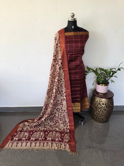 Handloom checked mangalagiri pattu top with chennuri kalamkari duppatta -AK613