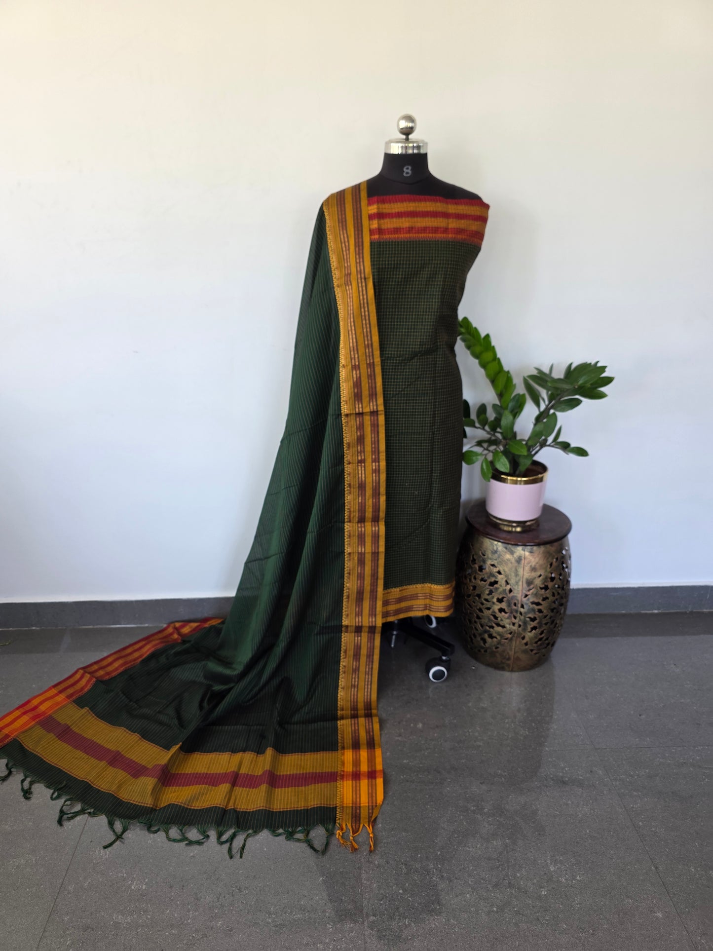 Mercerised checked narayanapet salwar set (green) (4.5 meters) - NA40