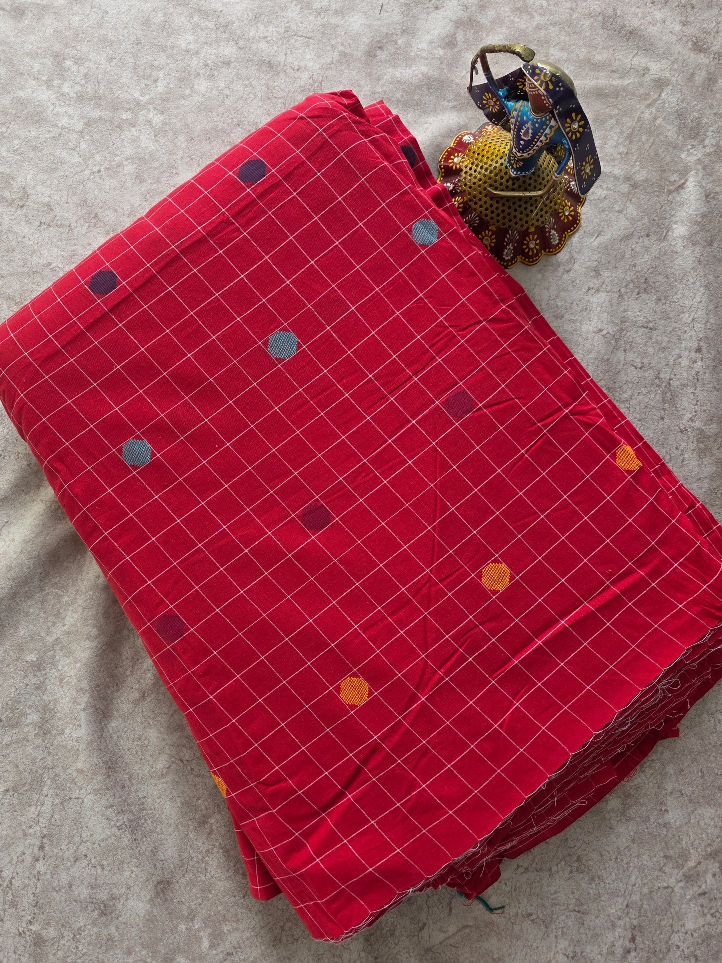 Pure checked handloom cotton running material (2.50 mtrs) -red