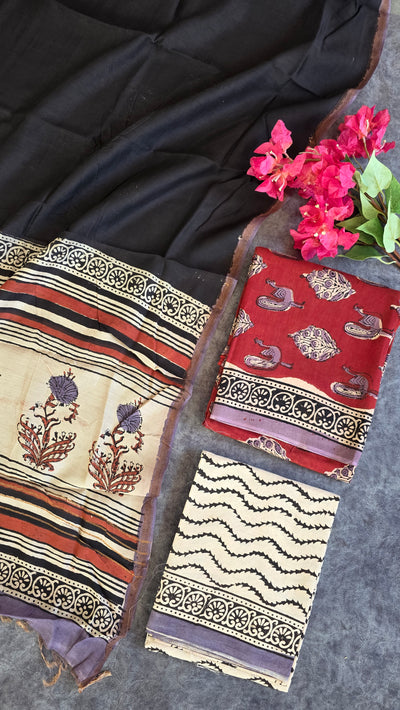 Handblock Jaipuri chanderi silk set - JA296