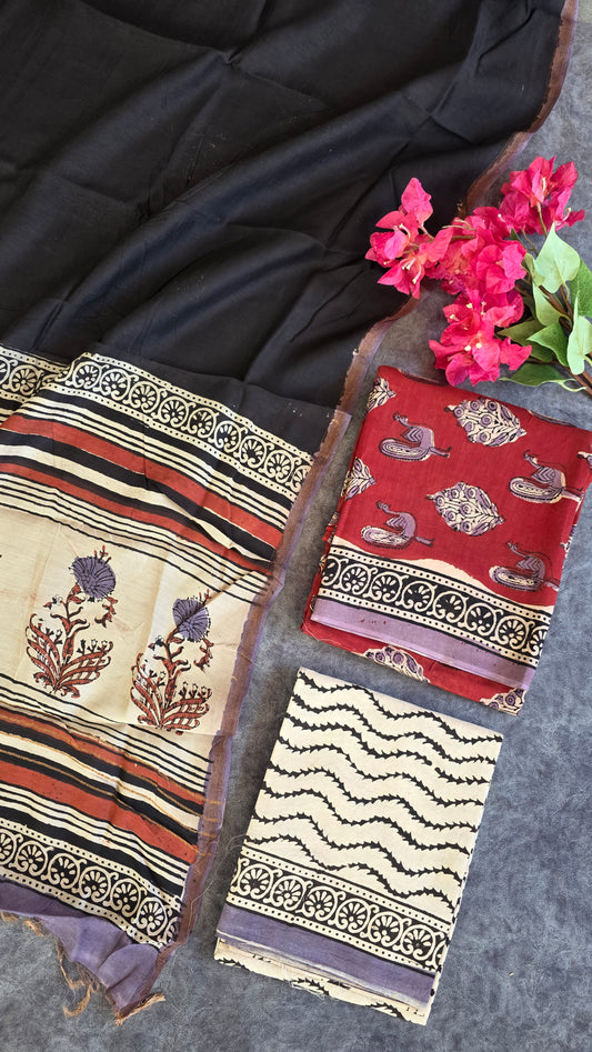 Handblock Jaipuri chanderi silk set - JA296