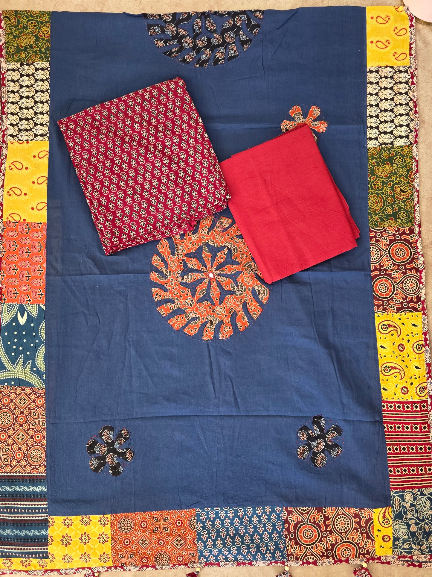 Handcrafted ajrakh cotton top with applique cotton shawl - BAA38