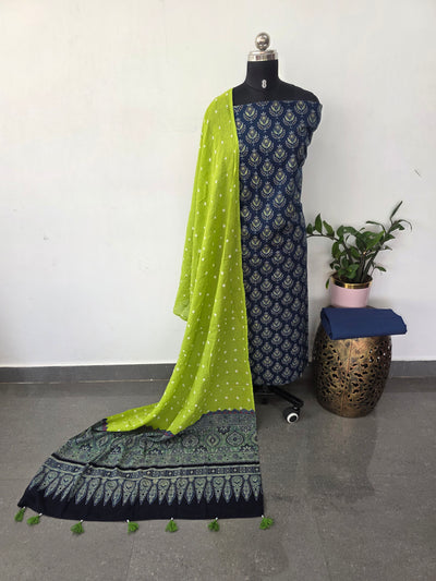 Handcrafted ajrakh cotton set with bandhini duppatta-HZ362