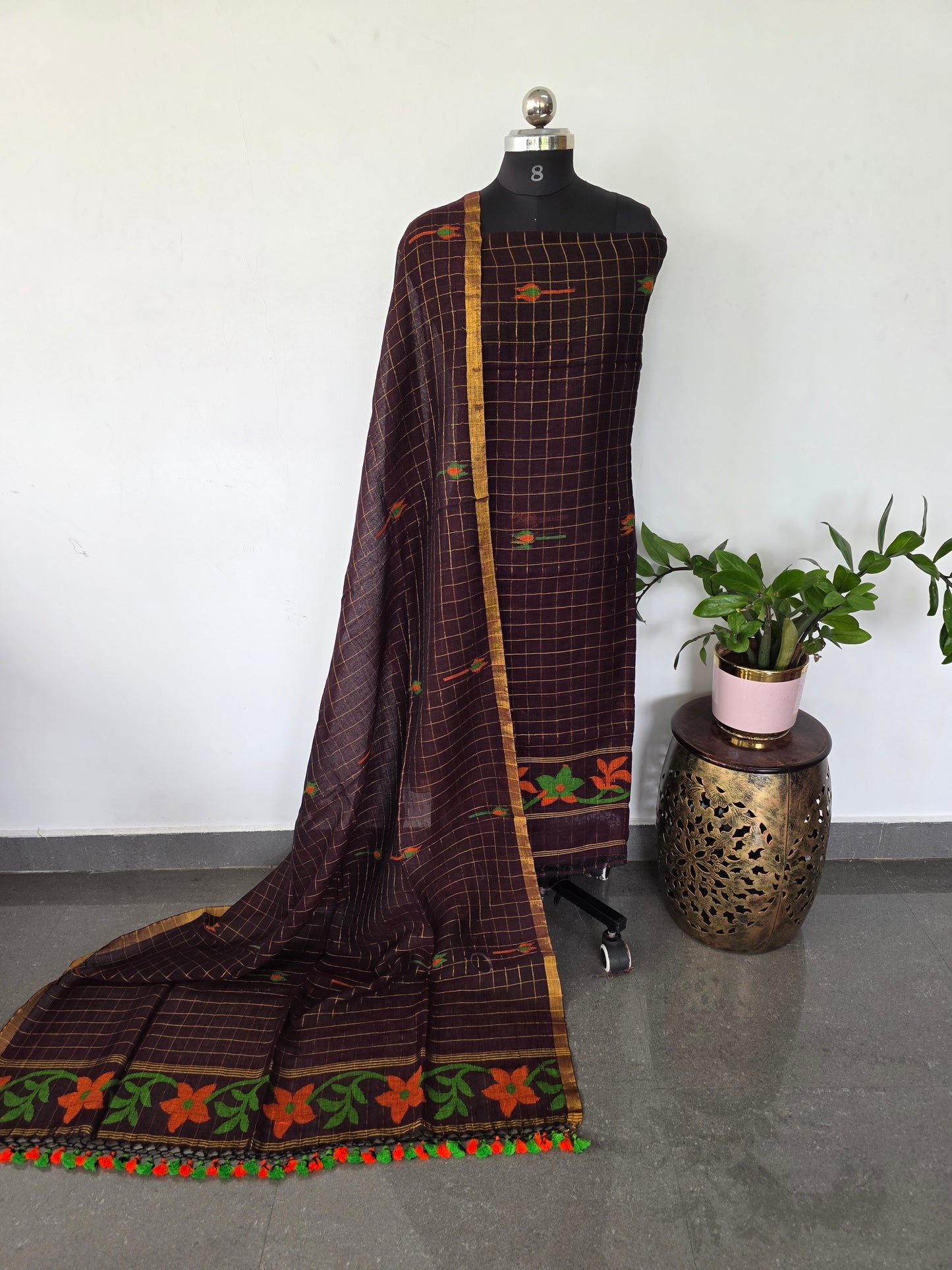 Premium checked handloom linen jamdhani set (brown) - JMM351