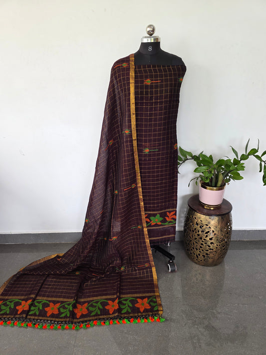Premium checked handloom linen jamdhani set (brown) - JMM351