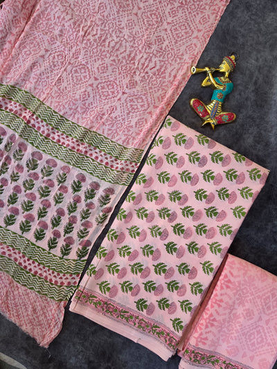 Handblock jaipuri cotton with chiffon duppatta - JA602