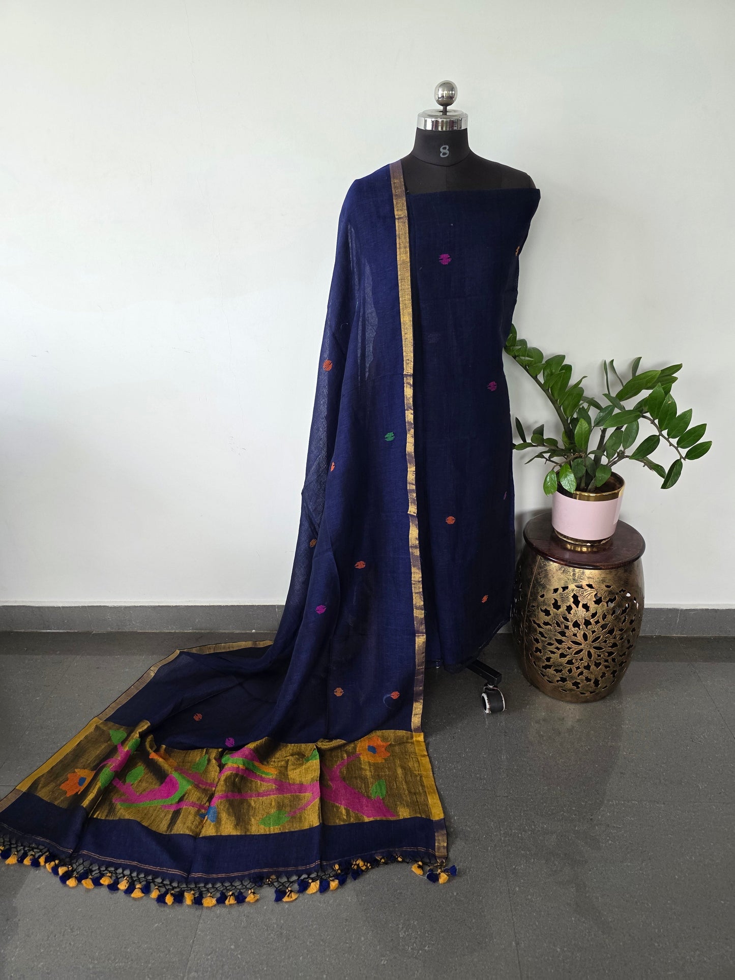 Premium handloom linen Paithani jamdhani set (blue)- JMM327