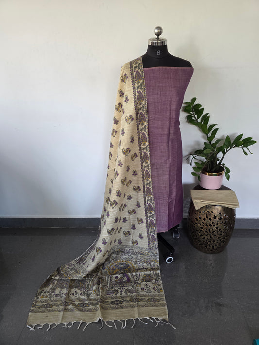 Bhagalpuri Cotton khadi set with Madhubani silk shawl - BA172