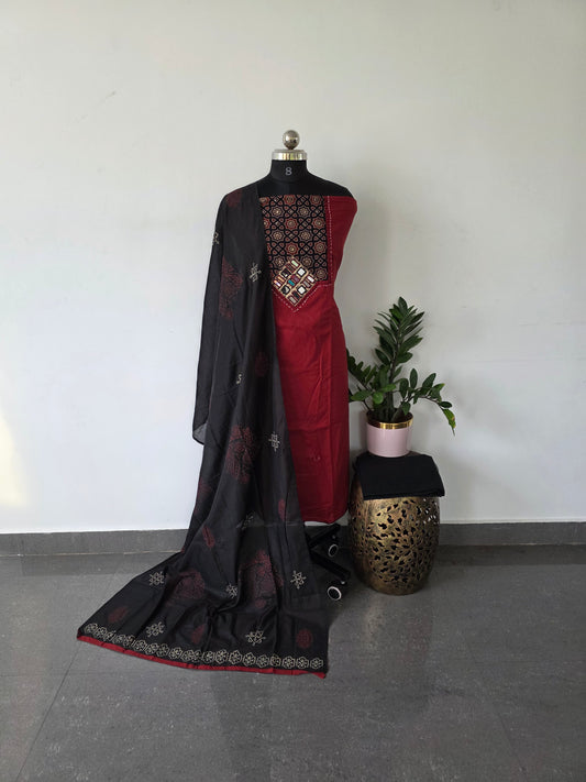 Pure ajrakh cotton set with silk shawl- Red