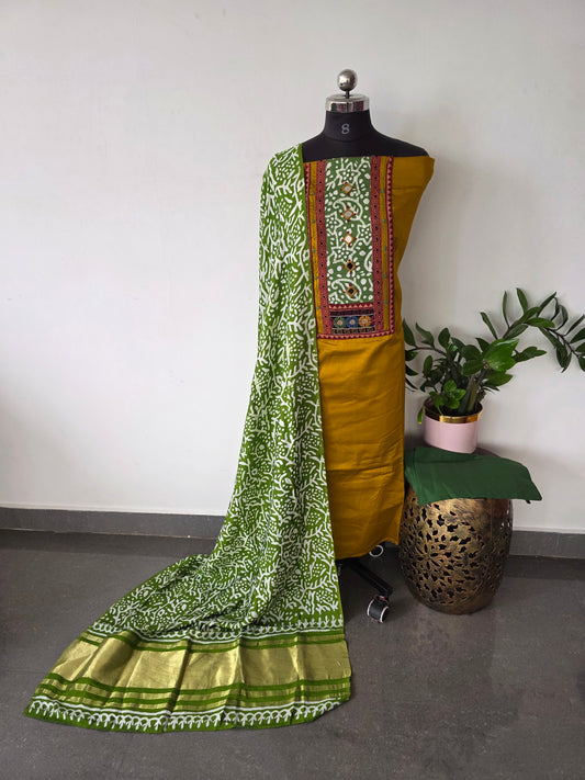 Premium Satoon cotton top with lagdi patta chanderi shawl - AS58