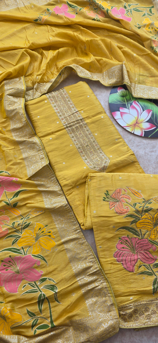 Premium fancy shimmer soft silk set - yellow
