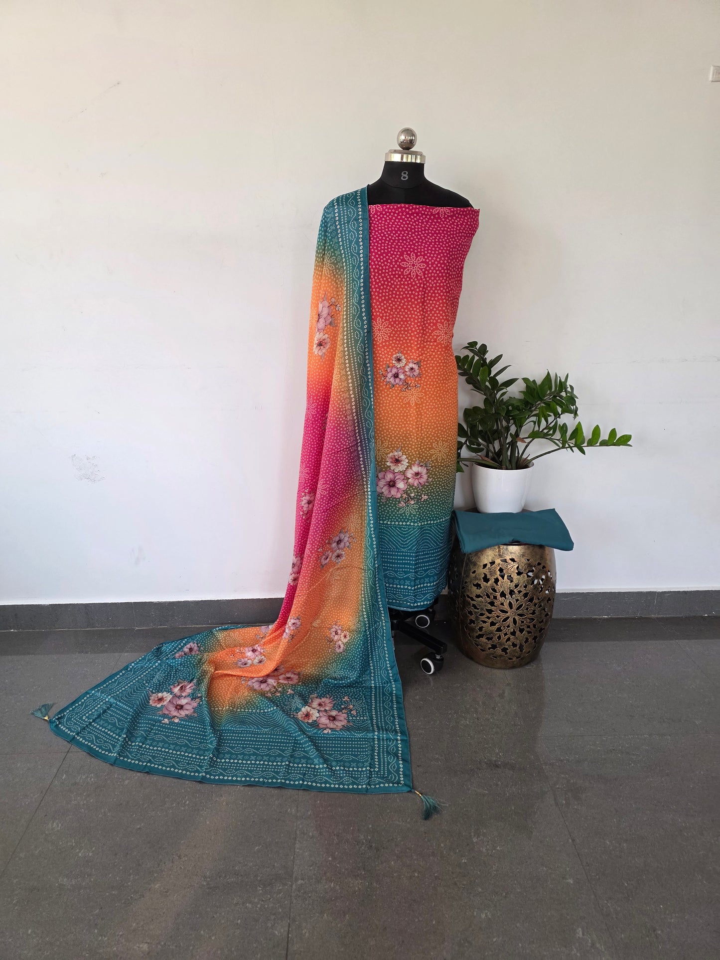 Fancy muslin bandhini digital silk set - blue