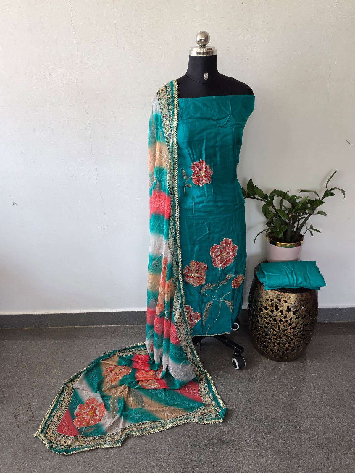 Glass organza viscose handwork silk set (Blue)-FC86
