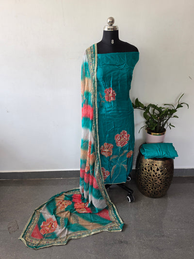 Glass organza viscose handwork silk set (Blue)-FC86
