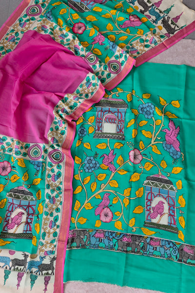 Handcrafted Kalahasthi Penkalamkari bangalore silk set - KH160