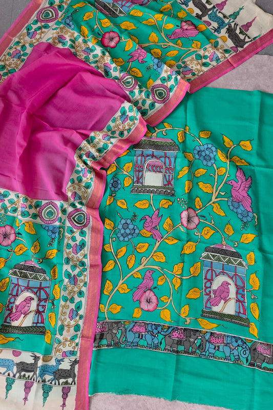 Handcrafted Kalahasthi Penkalamkari bangalore silk set - KH160