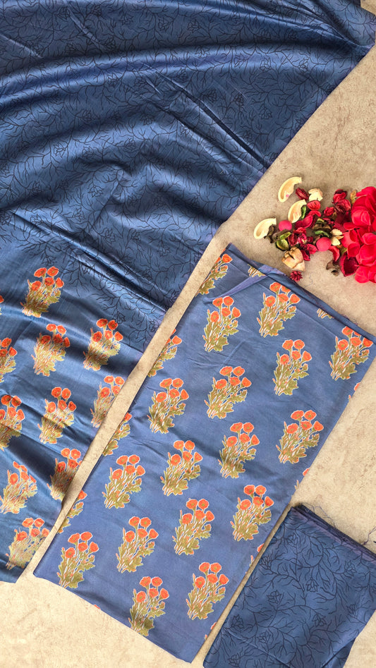 Bhagalpuri katan handblock silk set - DB19