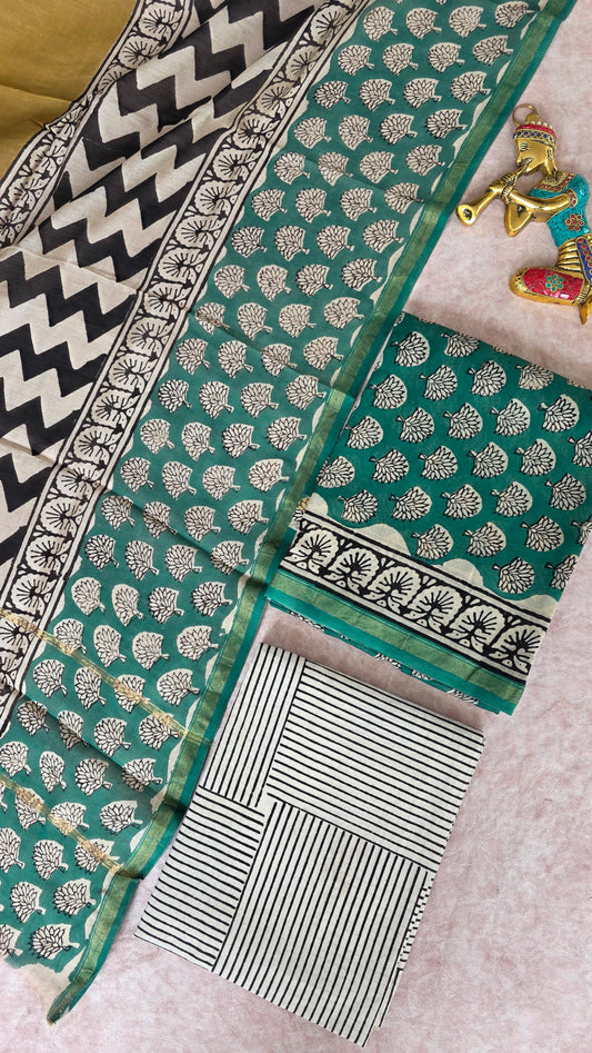Handblock Jaipuri chanderi silk set - JA753