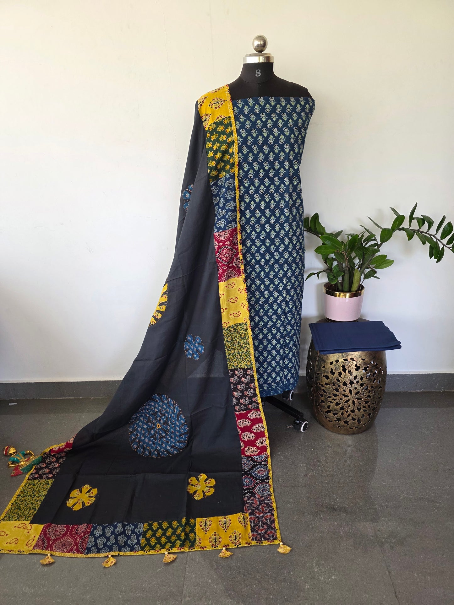 Handcrafted ajrakh cotton top with applique cotton shawl - BAA39