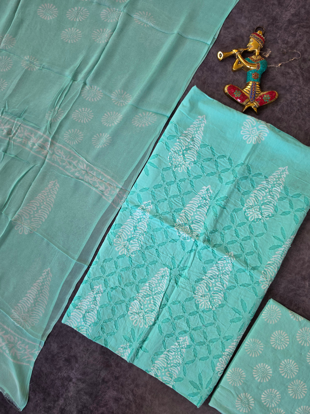 Handblock jaipuri applique cotton with chiffon shawl - JA587