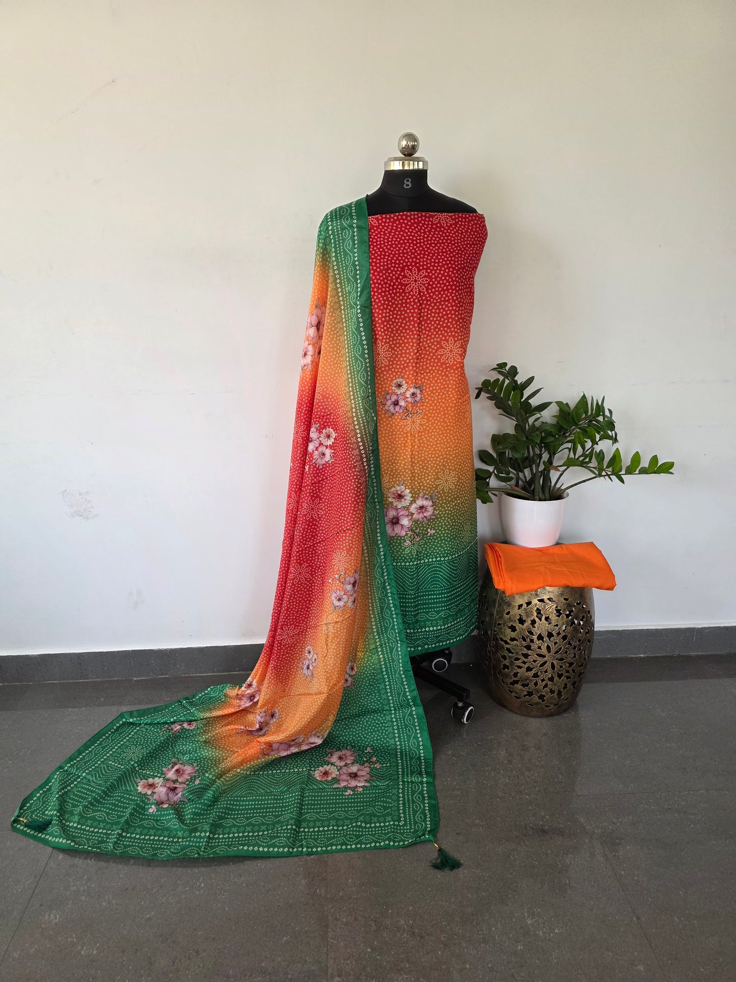 Fancy muslin bandhini digital silk set - orange