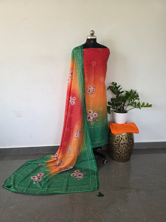Fancy muslin bandhini digital silk set - orange