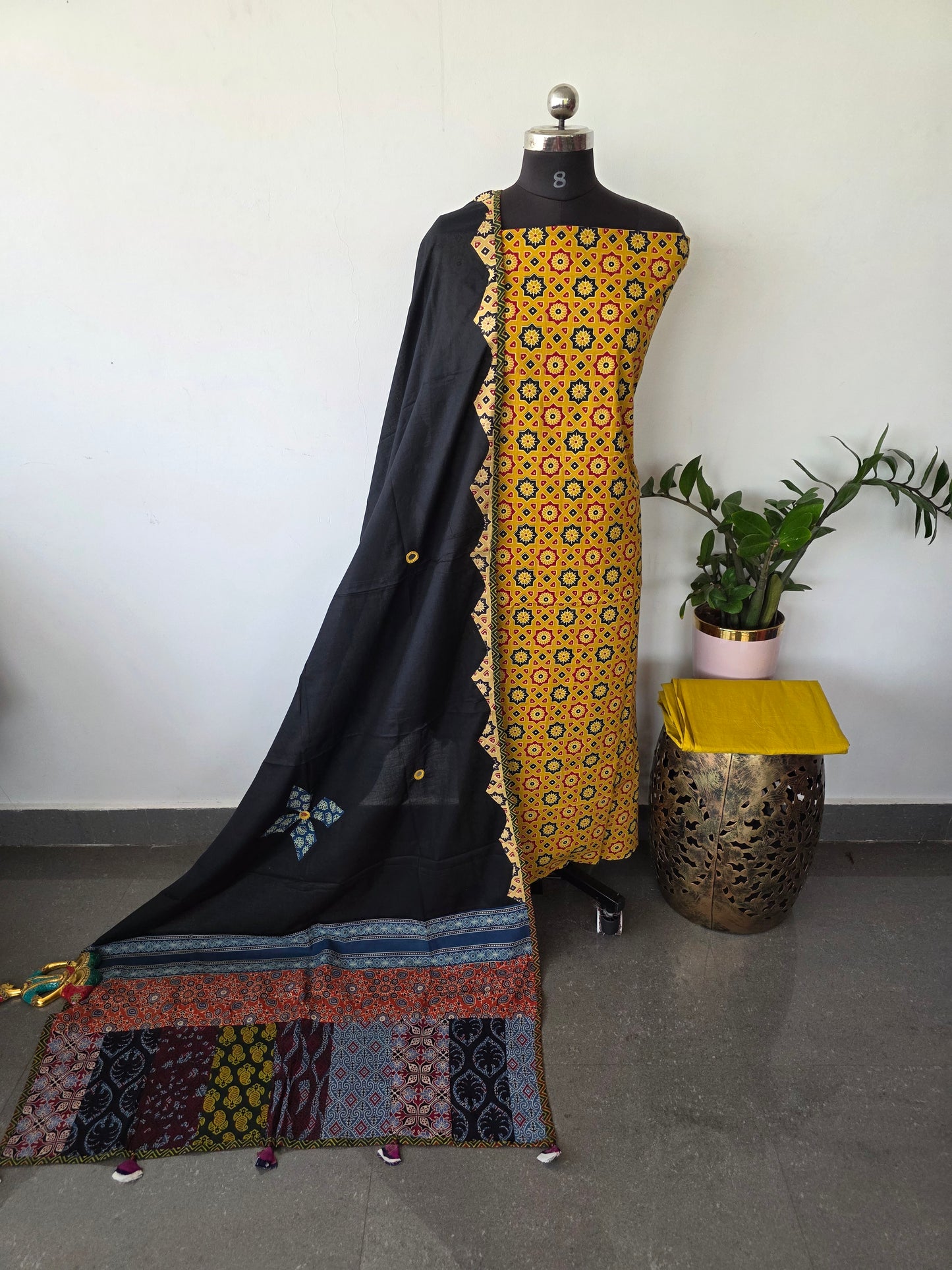 Handcrafted ajrakh cotton top with applique cotton shawl - BAA58