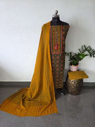 Premium ajrakh cotton with handwork mirror yoke salwar set - AS46