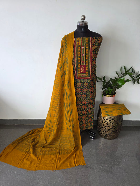 Premium ajrakh cotton with handwork mirror  yoke salwar set - AS46