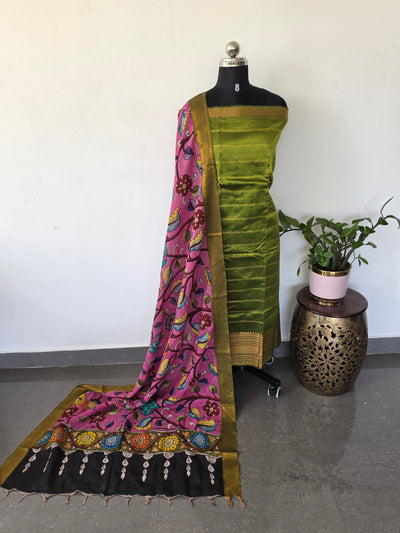 Handloom checked  mangalagiri pattu silk top with penkalamkari duppatta -AK588