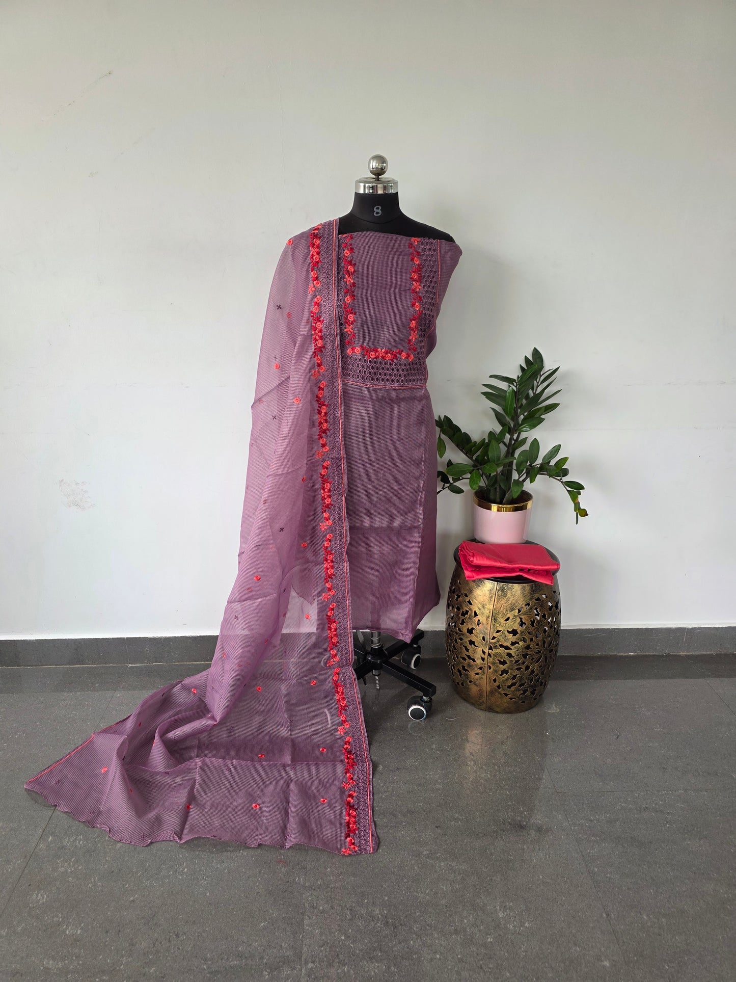 Fancy organza checks set with embroidery and cut work - CLA262