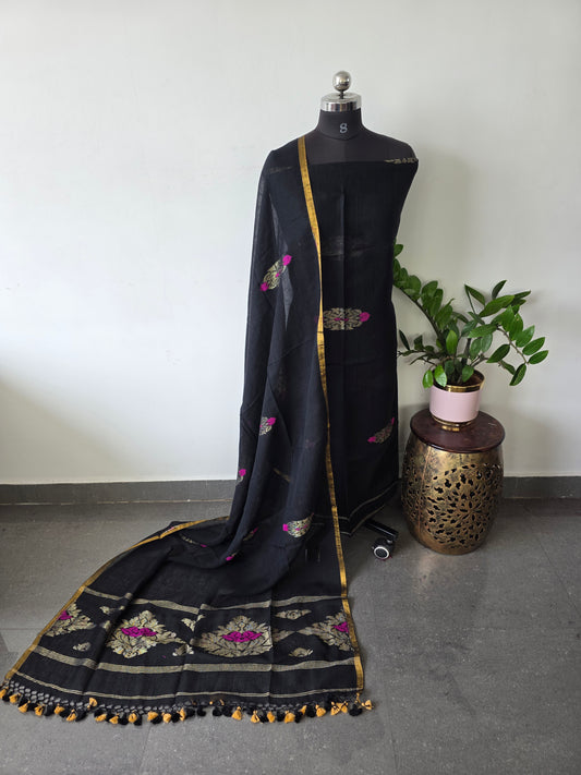 Premium handloom linen jamdhani set (black) - JMM173