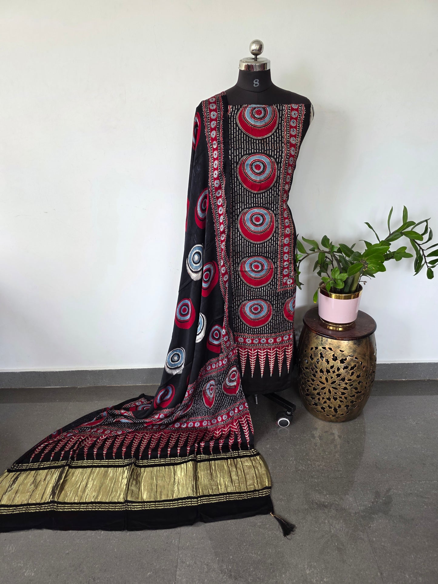 Handcrafted ajrakh modal silk with lagdi patta shawl set - HZ143