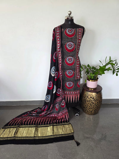 Handcrafted ajrakh modal silk with lagdi patta shawl set - HZ143