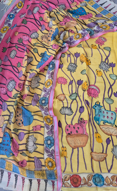 Handcrafted Kalahasthi Penkalamkari bangalore silk set - KH152