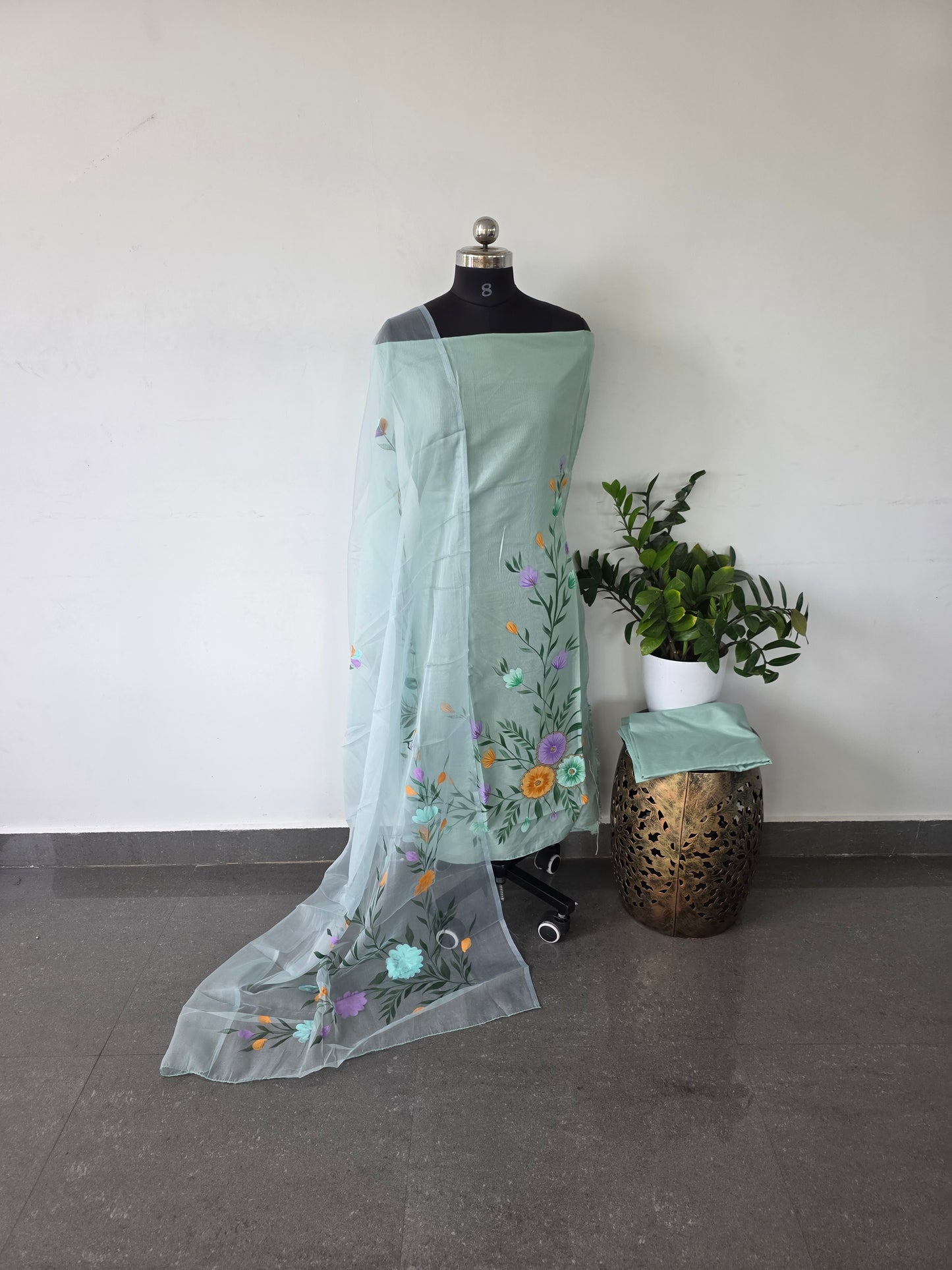 Premium handpainted soft organza silk top with handwork embroidery - 3