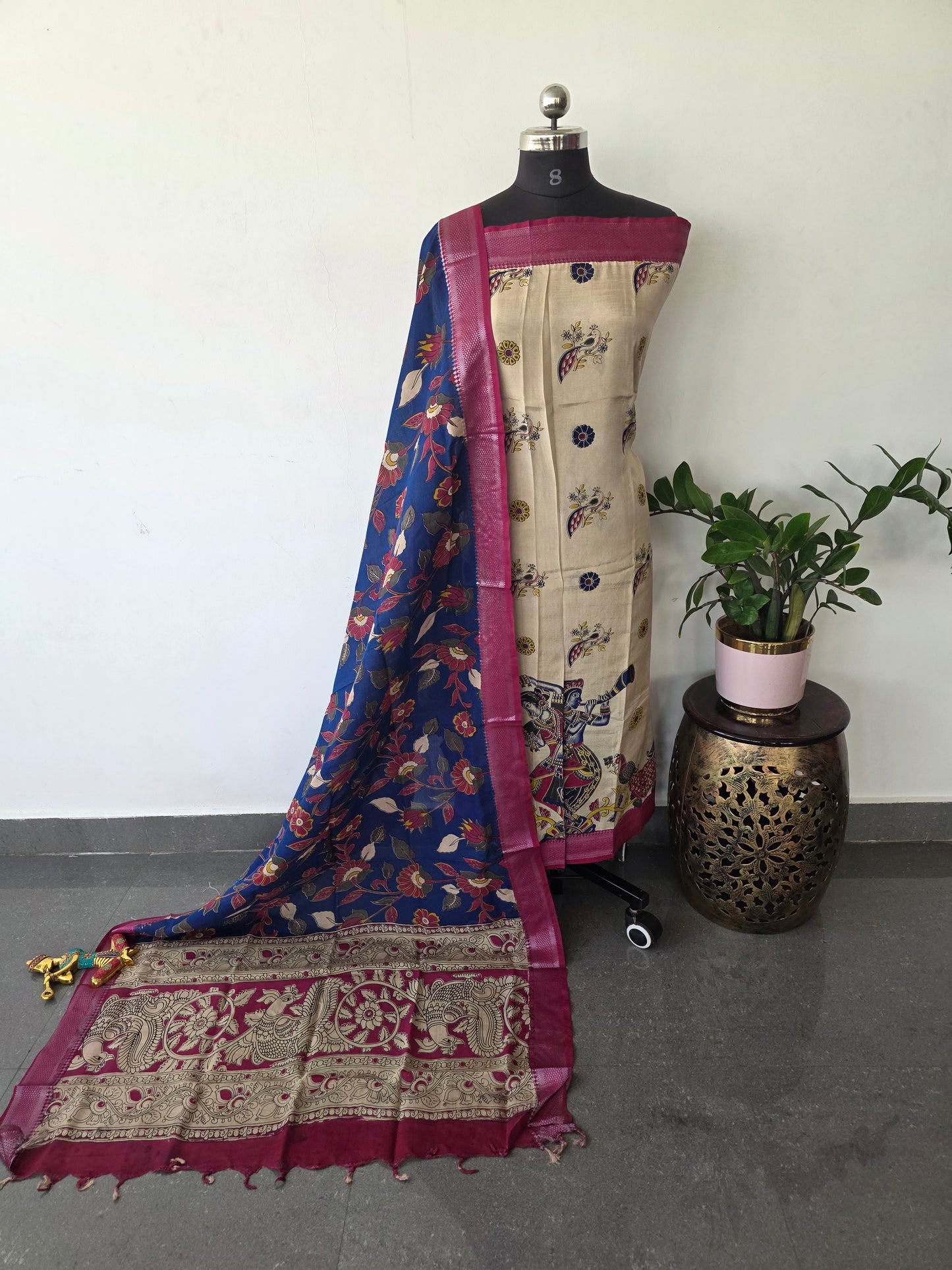 Kalamkari katha- Chennuri pure kalamkari silk set - AK384