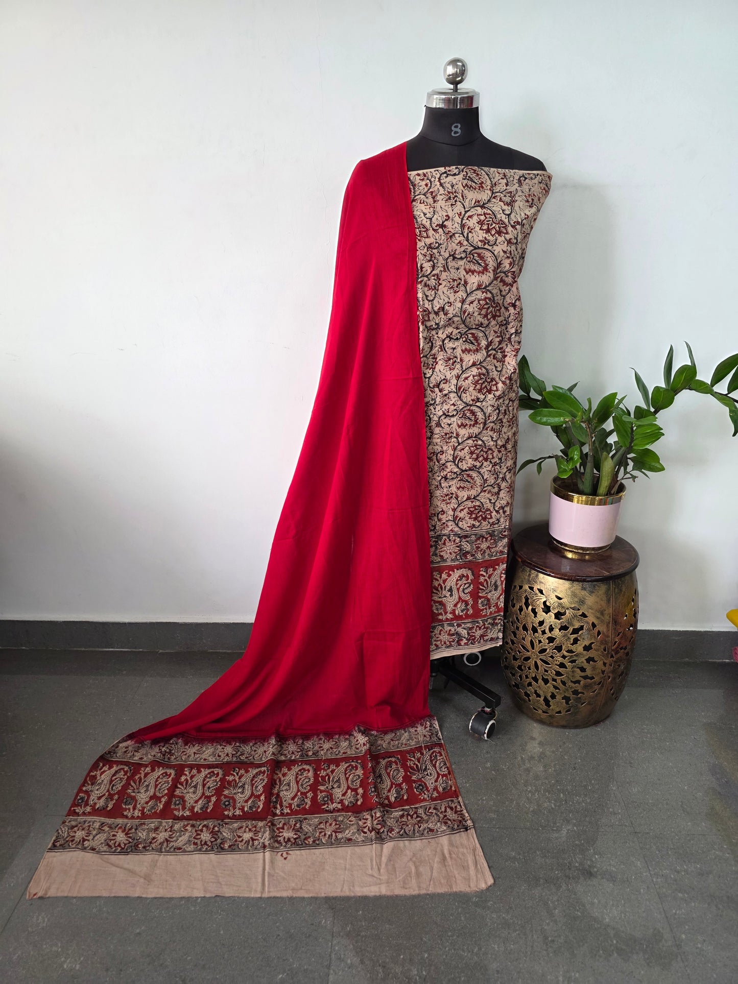 Handblock pure kalamkari cotton with border ( 2 pc set )- AK299