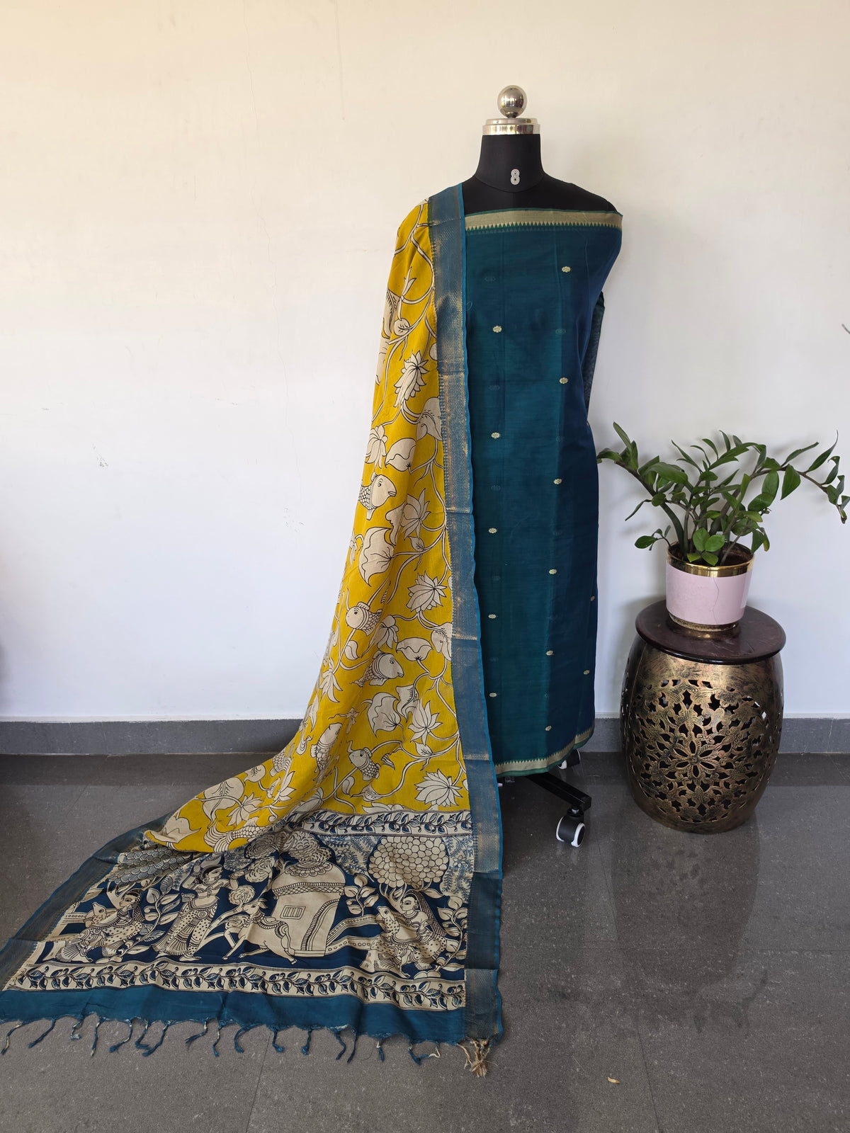 Fusion Narayanapet with handcrafted chennuri silk kalamkari duppatta -NA890