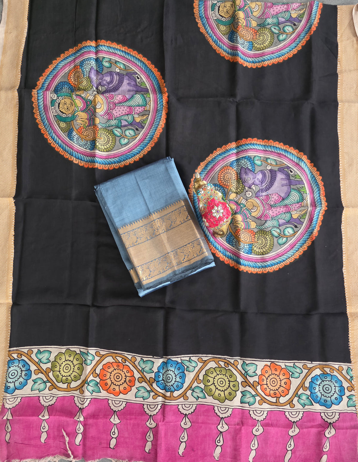Handloom mangalagiri pattu with penkalamkari duppatta -MP14