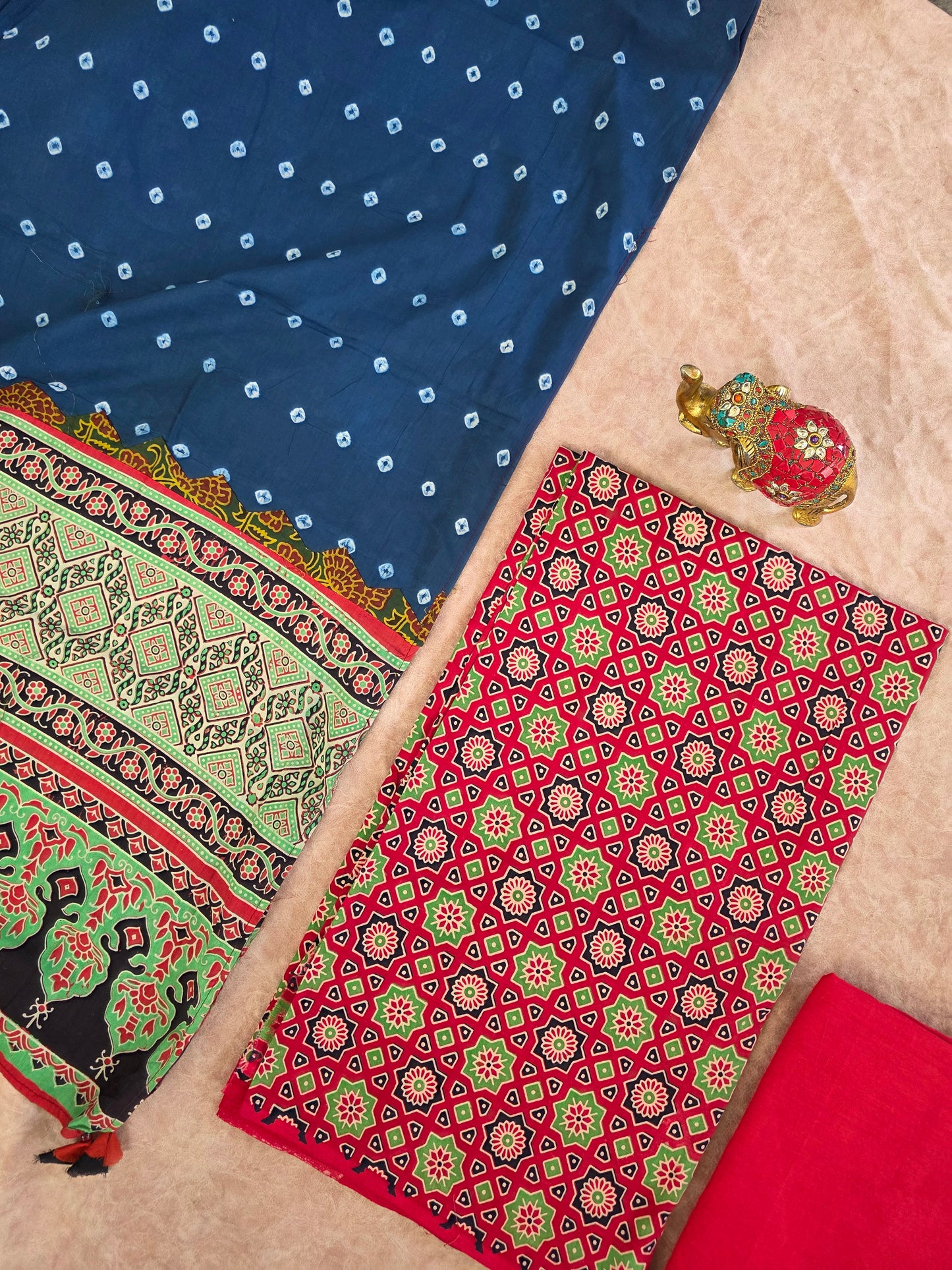 Handcrafted ajrakh cotton top with pure bandhani cotton shawl - BAA18