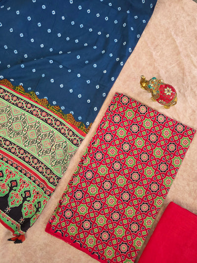 Handcrafted ajrakh cotton top with pure bandhani cotton shawl - BAA18